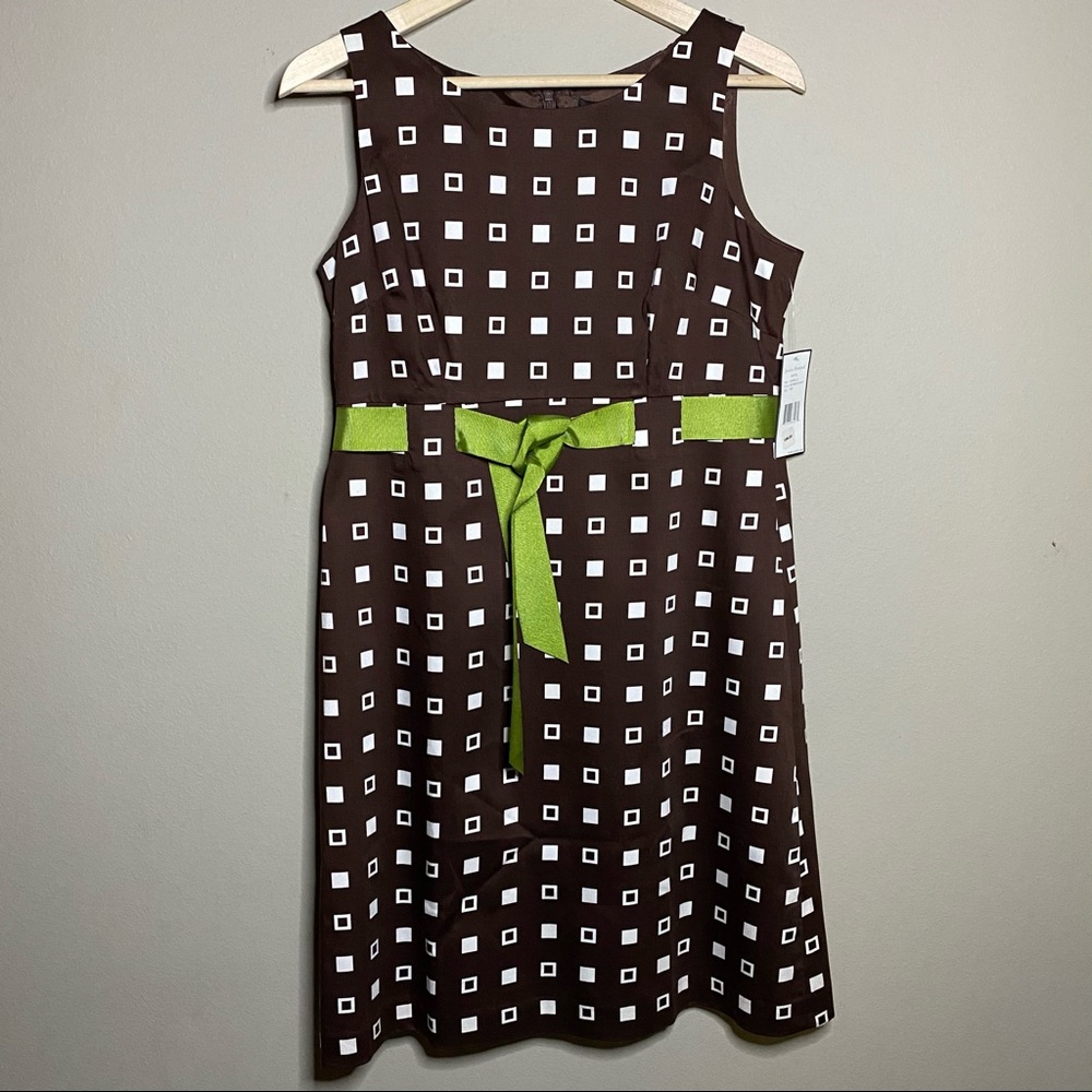 Jessica Howard Sleeveless Dress Size 10P Brown White Squares Green Waist Tie New